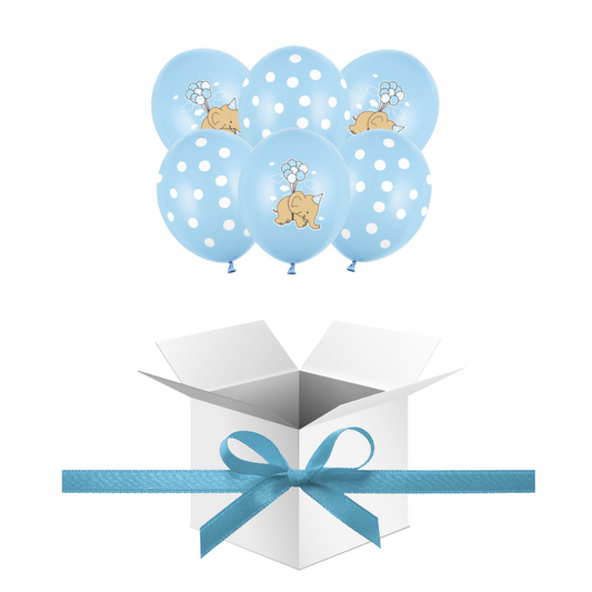 Balony z Helem w Pudełku Prezentowym – Słonik, Pastel Baby Blue