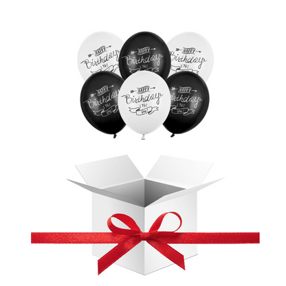 Balony z Helem w Pudełku Prezentowym – Happy Birthday, Czerń i Biel