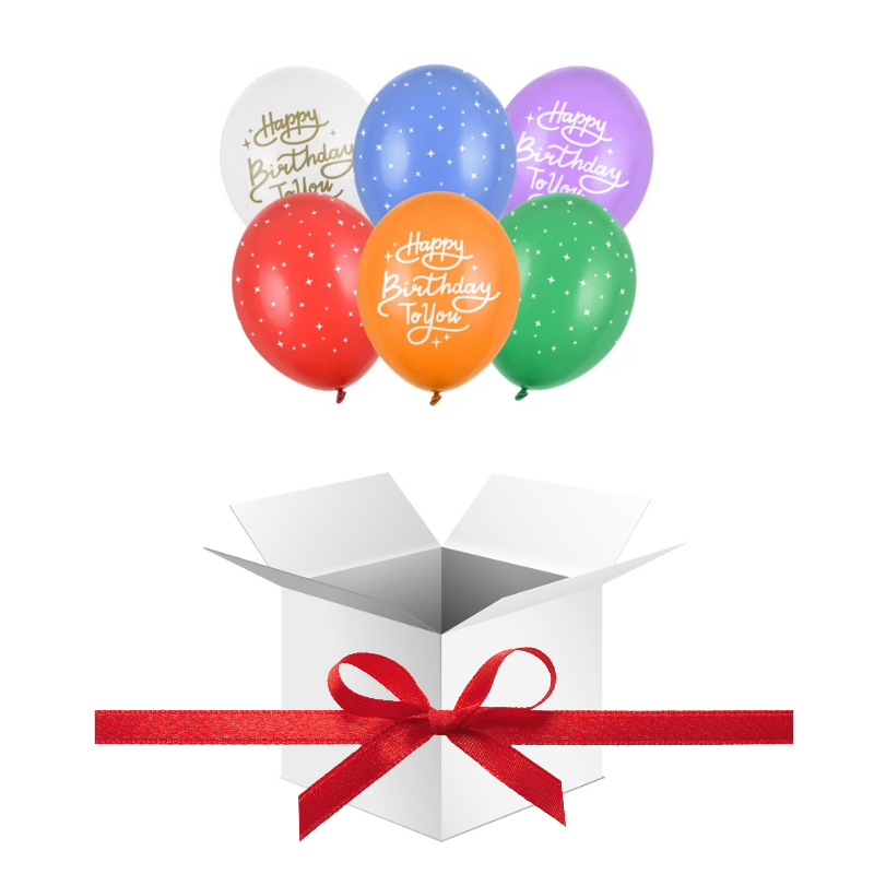 Balony z Helem w Pudełku Prezentowym – Happy Birthday To You, Mix Kolorów