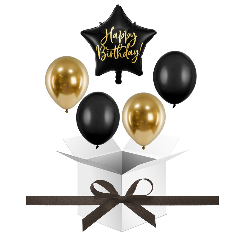 Balony z Helem w Pudełku Prezentowym –  Happy Birthday Czerń i Złoto