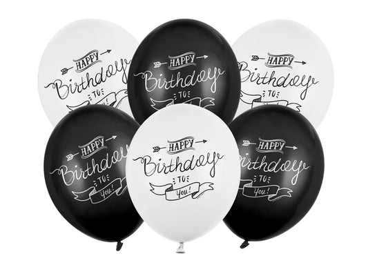 Zestaw bukiet balonów 30cm, Balony Happy Birthday, mix czarne i białe, 1op./6szt.