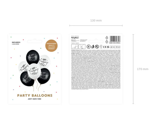 Zestaw bukiet balonów 30cm, Balony Happy Birthday, mix czarne i białe, 1op./6szt.