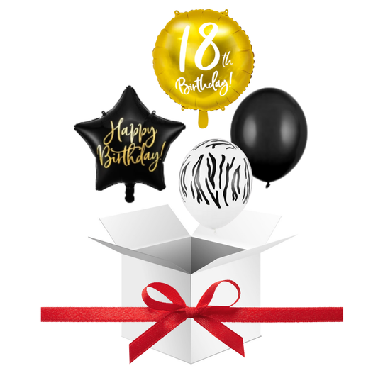 Balony z Helem w Pudełku Prezentowym – 18 Urodziny Czerń, Biel i Złoto