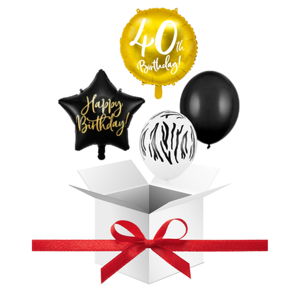 Balony z Helem w Pudełku Prezentowym – 40 Urodziny Czerń, Biel i Złoto