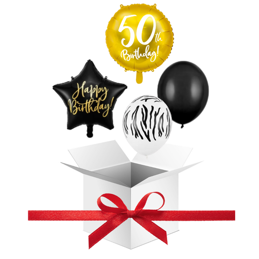 Balony z Helem w Pudełku Prezentowym – 50 Urodziny Czerń, Biel i Złoto