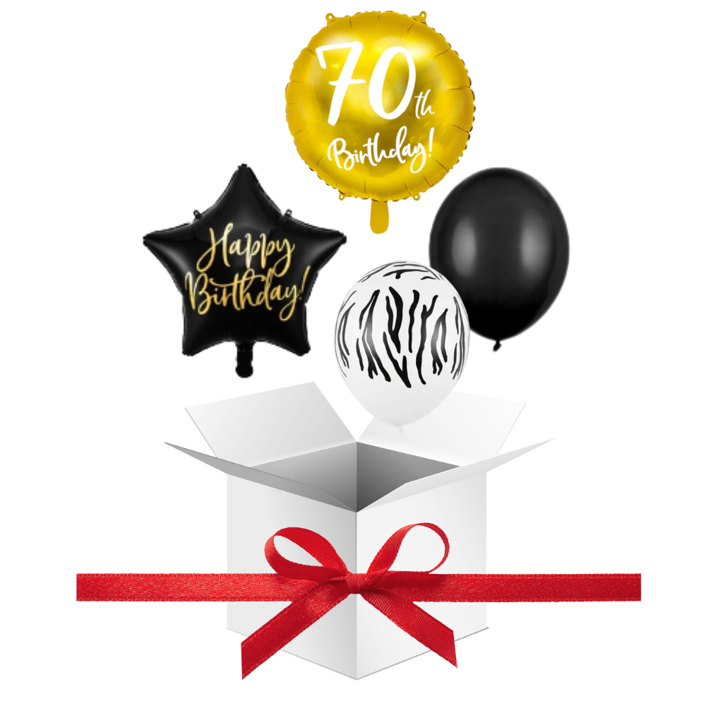 Balony z Helem w Pudełku Prezentowym – 70 Urodziny Czerń, Biel i Złoto