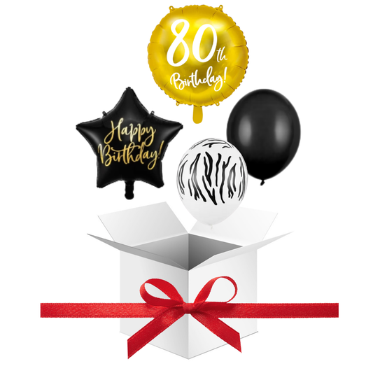 Balony z Helem w Pudełku Prezentowym – 80 Urodziny Czerń, Biel i Złoto