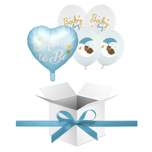 Balony z Helem w Pudełku Prezentowym – Baby Shower „Mom to Be, Baby Boy”