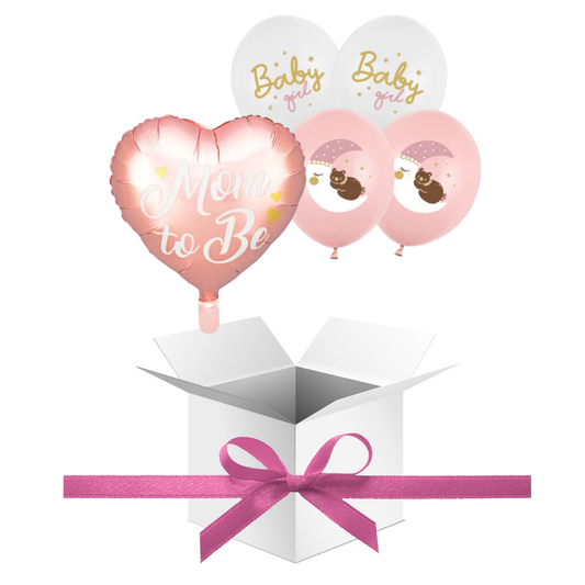 Balony z Helem w Pudełku Prezentowym – Baby Shower „Mom to Be, Baby Girl”