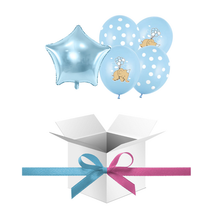 Balony z Helem w Pudełku Prezentowym – Baby Shower „Słonik i Kropeczki” Niebieski