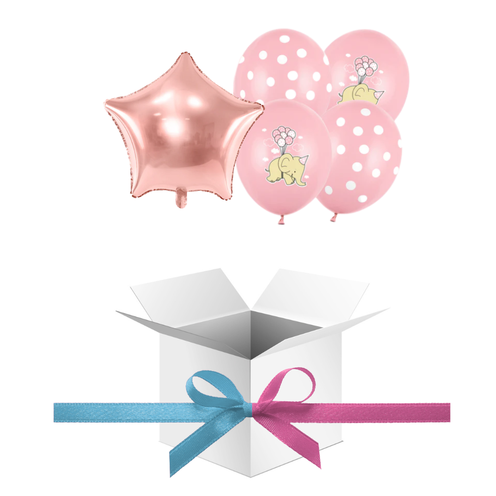 Balony z Helem w Pudełku Prezentowym – Baby Shower „Słonik i Kropeczki” Różowy
