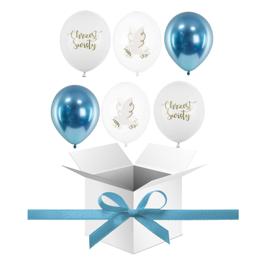 Balony z Helem w Pudełku Prezentowym – Chrzest Święty z Gołębiem (Biel i Błękit)
