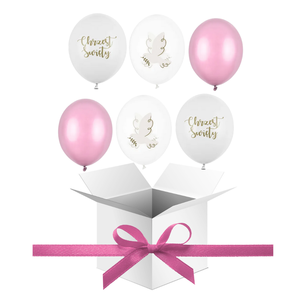 Balony z Helem w Pudełku Prezentowym – Chrzest Święty z Gołębiem (Biel i Róż)