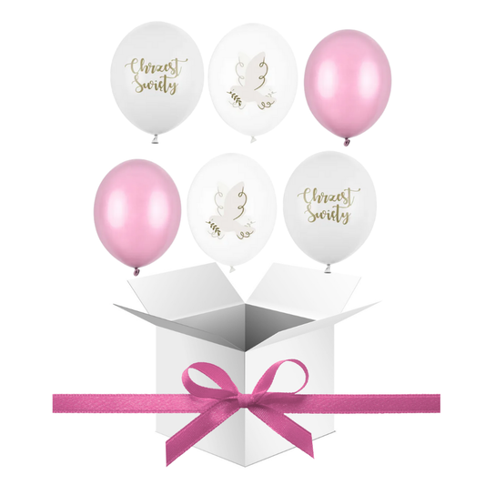 Balony z Helem w Pudełku Prezentowym – Chrzest Święty z Gołębiem (Biel i Róż)