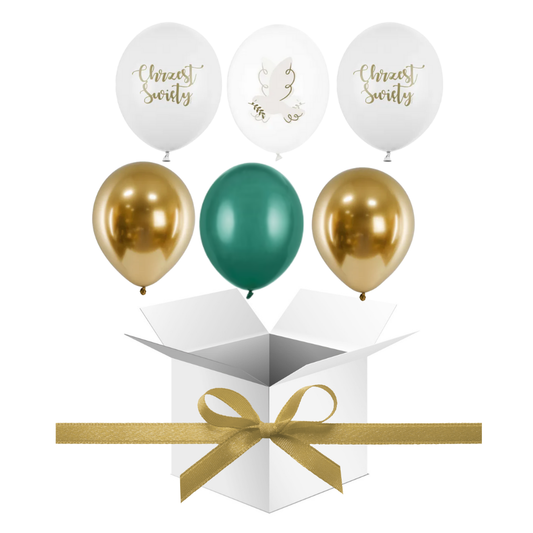 Balony z Helem w Pudełku Prezentowym – Chrzest Święty: Złoto, Biel i Zieleń