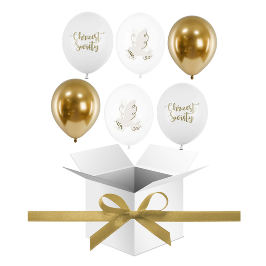 Balony z Helem w Pudełku Prezentowym – Chrzest Święty: Złoto i Biel