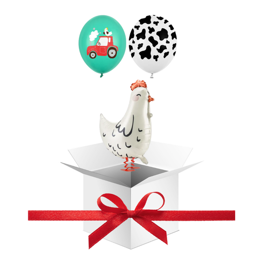 Balony z Helem w Pudełku Prezentowym – Farma: Kurka