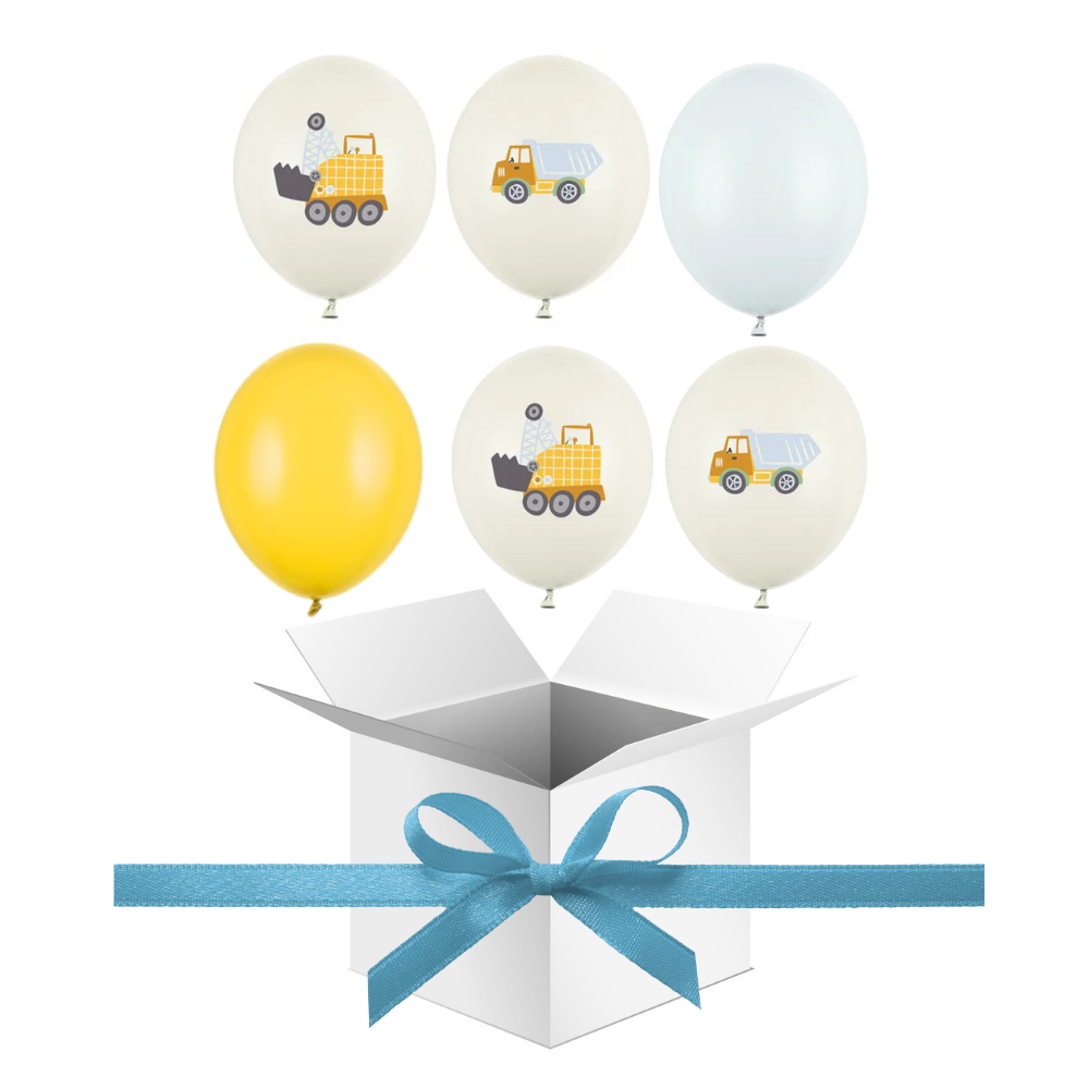 Balony z Helem w Pudełku Prezentowym – Pojazdy Budowlane
