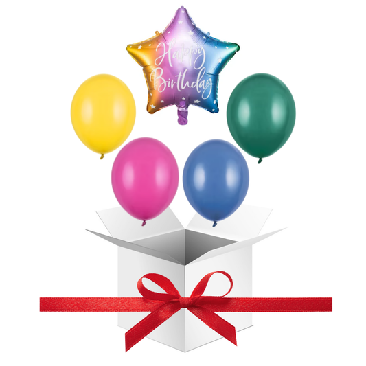 Balony z Helem w Pudełku Prezentowym – Happy Birthday Kolorowy