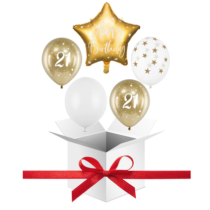 Balony z Helem w Pudełku Prezentowym – 21 Urodziny Biel i Złoto