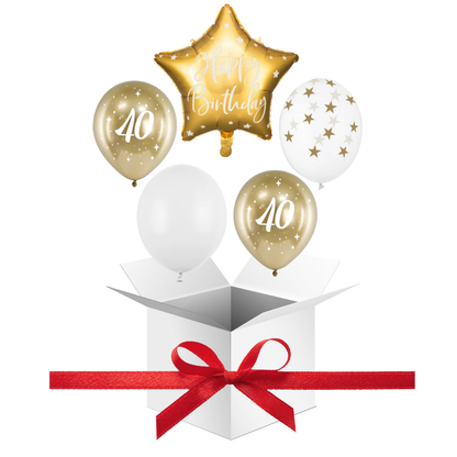 Balony z Helem w Pudełku Prezentowym – 40 Urodziny Biel i Złoto