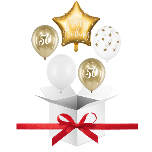 Balony z Helem w Pudełku Prezentowym – 50 Urodziny Biel i Złoto