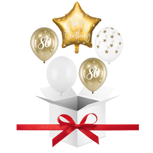 Balony z Helem w Pudełku Prezentowym – 80 Urodziny Biel i Złoto