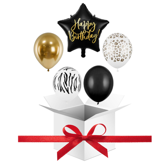 Balony z Helem w Pudełku Prezentowym – Happy Birthday Panterka i Zebra