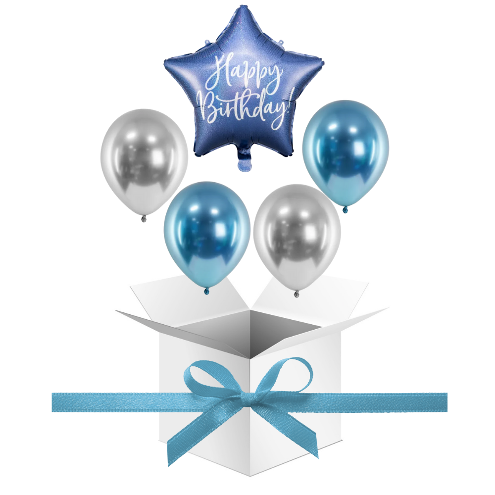 Balony z Helem w Pudełku Prezentowym – Happy Birthday Niebieski