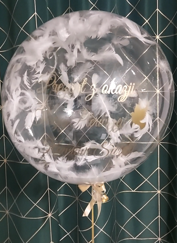 Zestaw Balon Przezroczysty + Piórka + Napis złoty