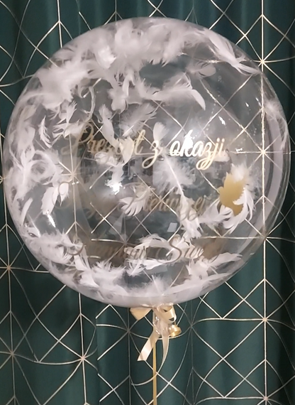 Zestaw Balon Przezroczysty + Piórka + Napis złoty