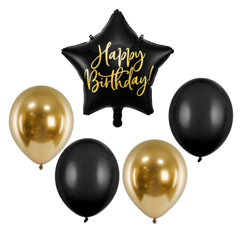 Balony z Helem w Pudełku Prezentowym –  Happy Birthday Czerń i Złoto