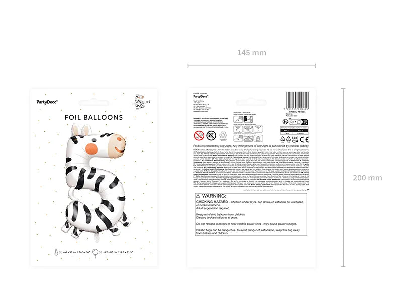 Balon foliowy Cyfra 5 - Zebra, 68x98 cm (1 op. / 1 szt.)