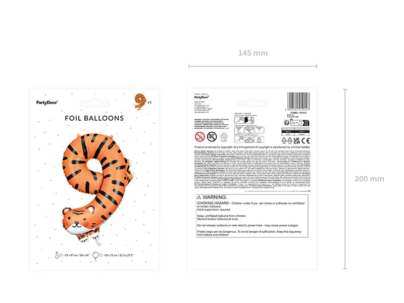 Balon foliowy Cyfra 9 - Tygrys, 64x87 cm (1 op. / 1 szt.)