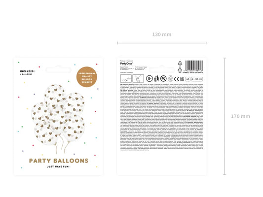 Balony 30cm, Serduszka złoty, Crystal Clear (1 op. / 6 szt.)