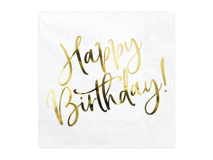 Serwetki Happy Birthday, biały, złoty napis 33x33cm (1 op. / 20 szt.)
