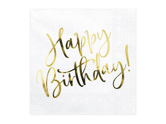 Serwetki Happy Birthday, biały, złoty napis 33x33cm (1 op. / 20 szt.)