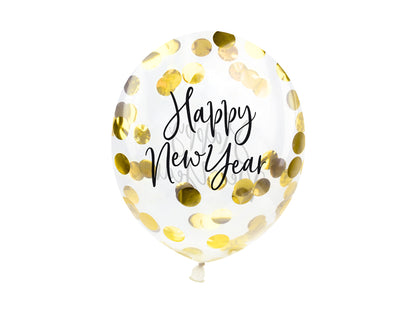 Balony z konfetti - Happy New Year, 27cm, złoty (1 op. / 3 szt.)