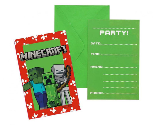 Zaproszenia z kopertami Minecraft creeper zombie skeleton party