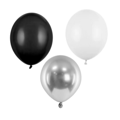 Zestaw balonów do pudełka na balony czerń biel i srebro glossy