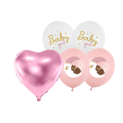 Balony z Helem w Pudełku Prezentowym – Baby Girl z Różowym Serduszkiem