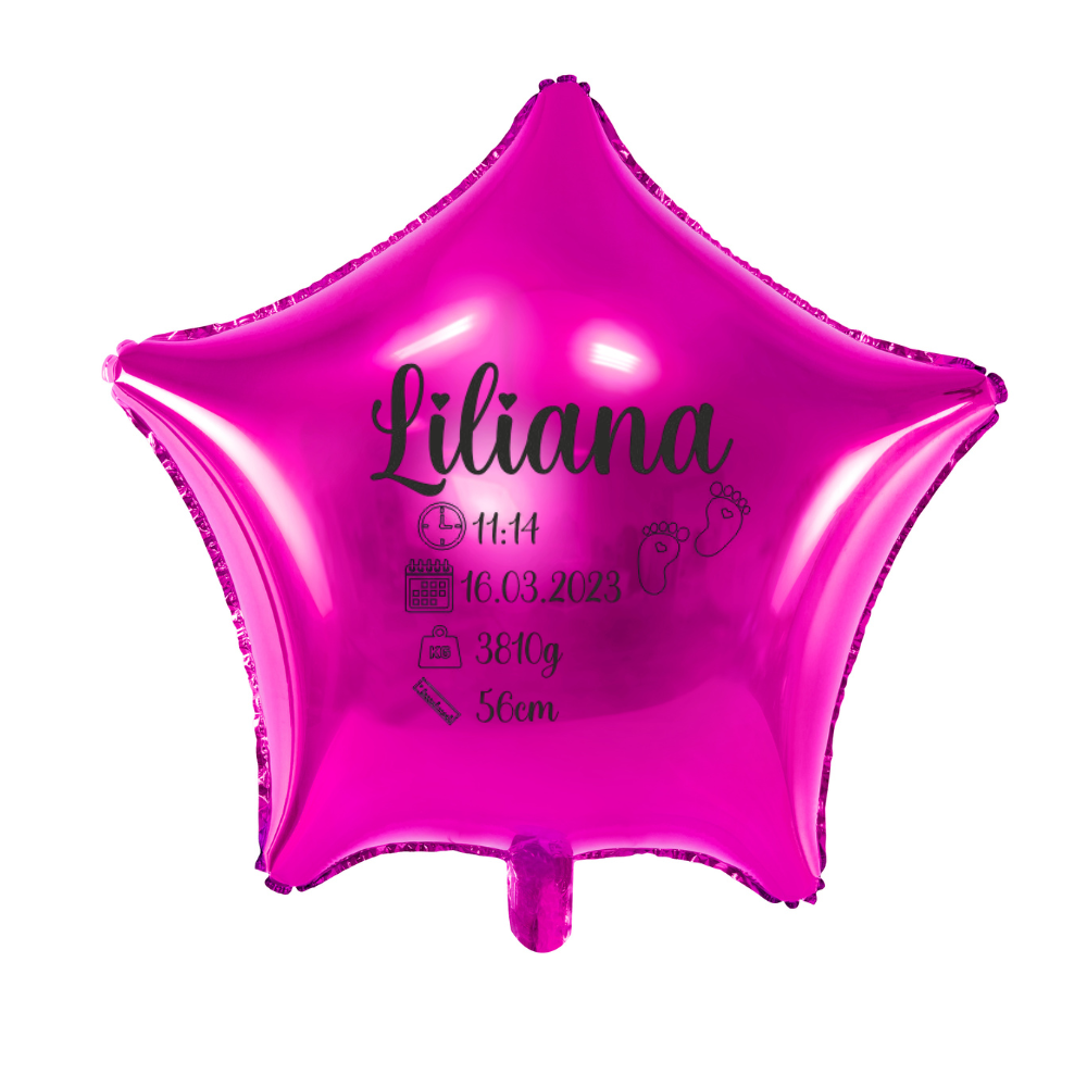 balon gwiazdka ciemny róż z metryczką dziecka personalizacja