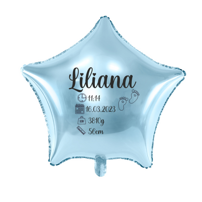 błękitny balon gwiazdka z metryczką dziecka personalizacja
