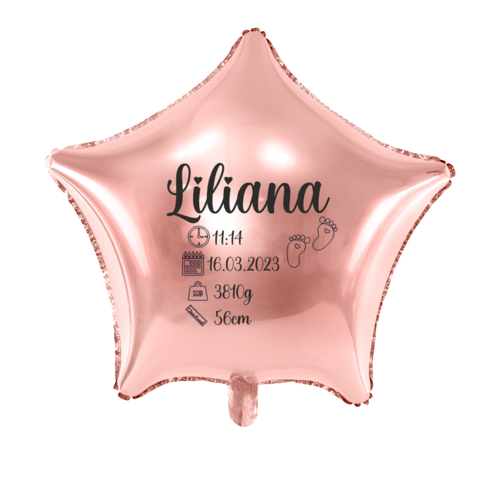 balon gwiazdka różowe złoto z metryczką dziecka personalizacja