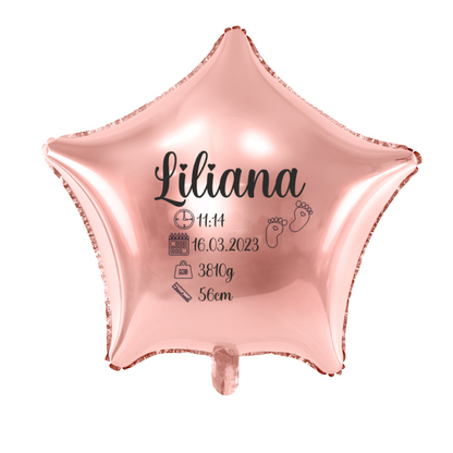 balon gwiazdka różowe złoto z metryczką dziecka personalizacja