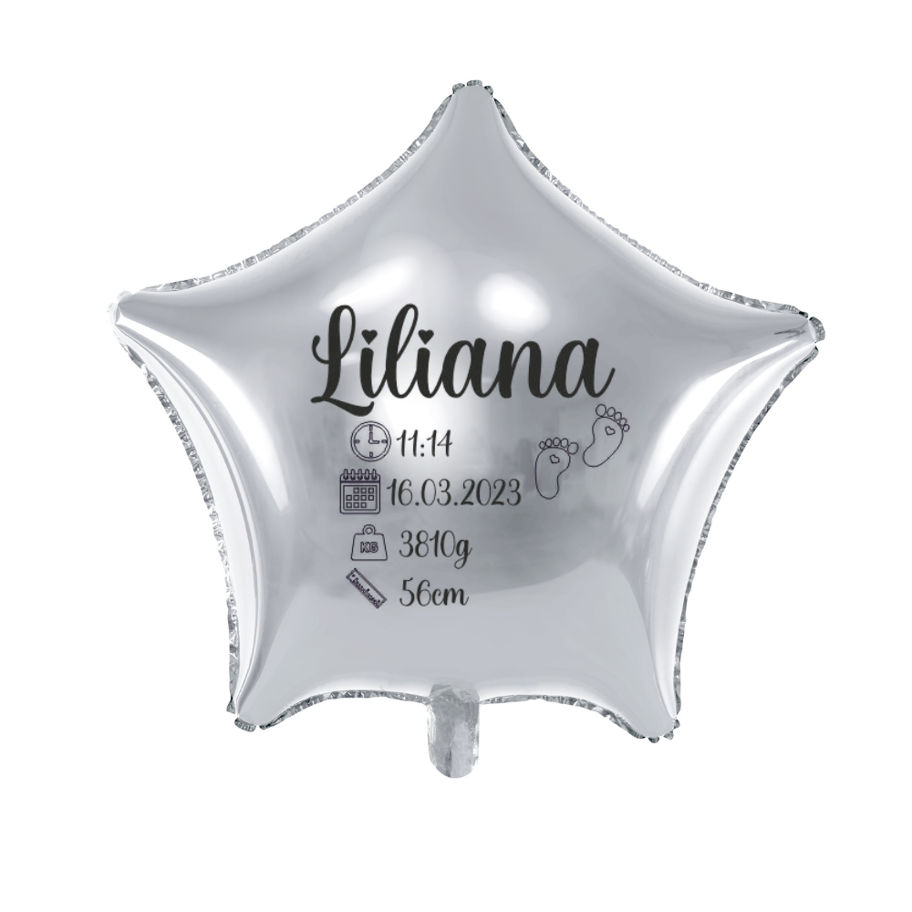 srebrny balon gwiazdka z metryczką dziecka personalizacja