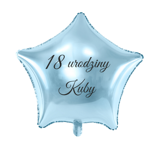 błękitny niebieski balon gwiazdka na urodziny z imieniem i wiekiem solenizanta personalizacja