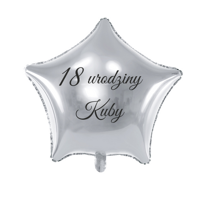 srebrny balon gwiazdka na urodziny z imieniem i wiekiem solenizanta personalizacja