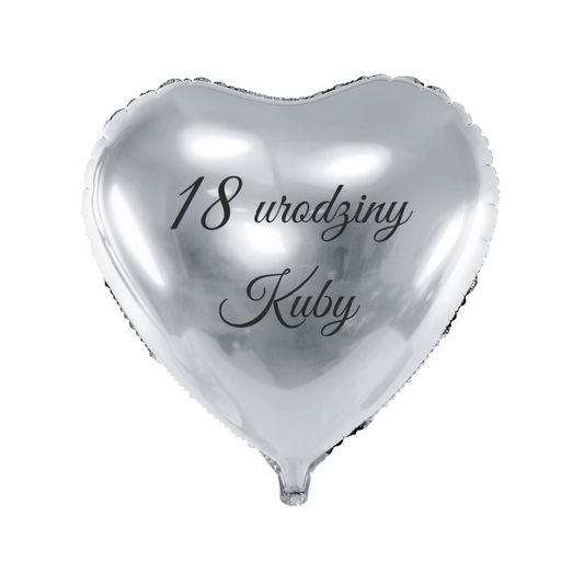srebrny balon serce na urodziny z imieniem i wiekiem solenizanta personalizacja