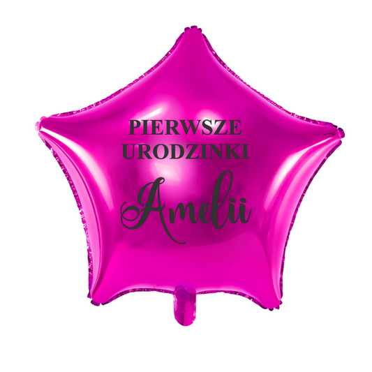 ciemno różowy balon gwiazdka na pierwsze urodziny z imieniem dziecka personalizacja